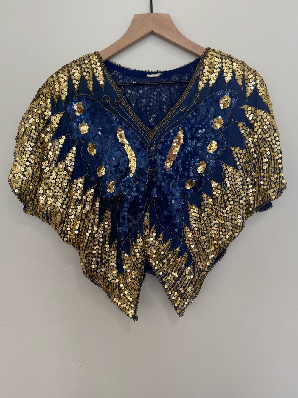Vintage Sequin Butterfly Blouse Top Blue Gold Festival Indie Boho Glam Retro OS